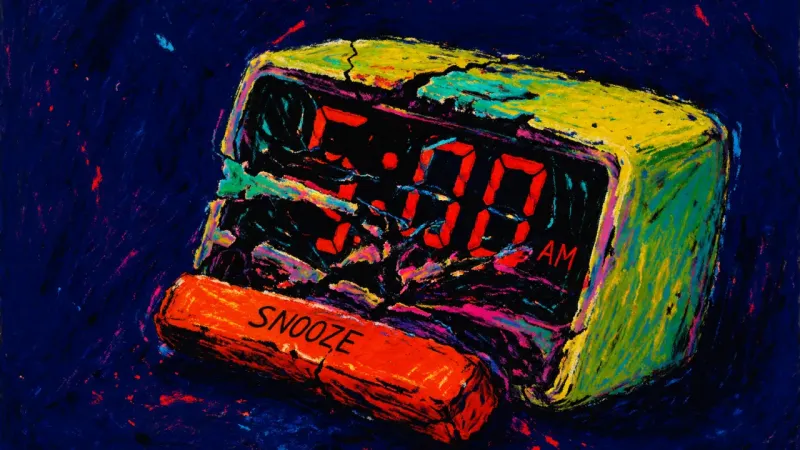 Borrowed Time A crushed alarm clock symbolizing convenience-driven procrastination and the quiet erosion of a self
