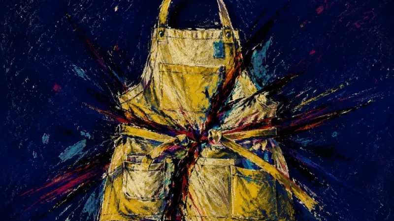 Apron Under Orders A distorted apron bound by its own ties, representing resentment and lost agency when routine chores