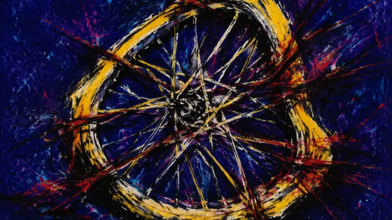 Jammed Orbit An abstract bicycle wheel crushed into a tangled form, representing convenience-driven procrast in