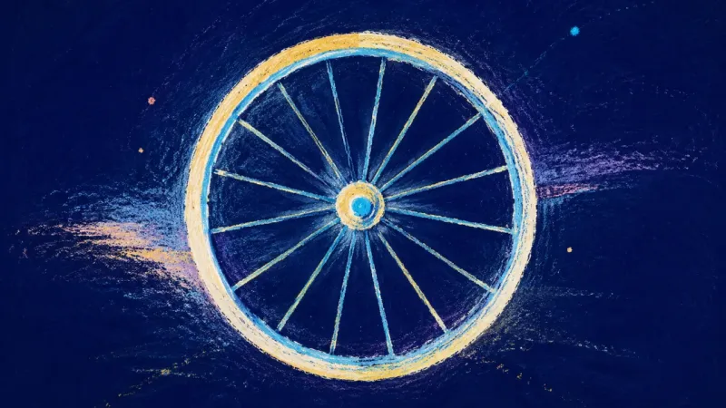Restored Motion An abstract bicycle wheel restored to balanced order, symbolizing agency built through small, self-d