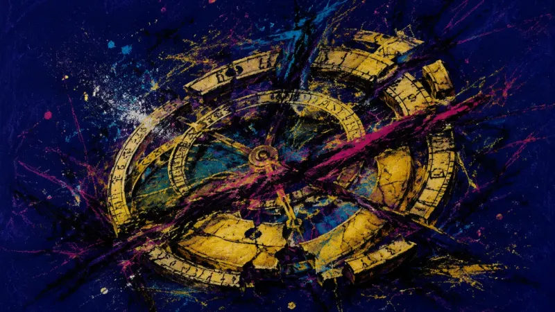An astrolabe crushed by tangled lines, representing hollow achievement, external validation, and the