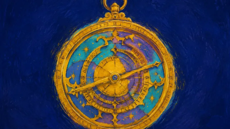 A restored astrolabe with orderly rings, representing freedom from hollow achievement and renewed,