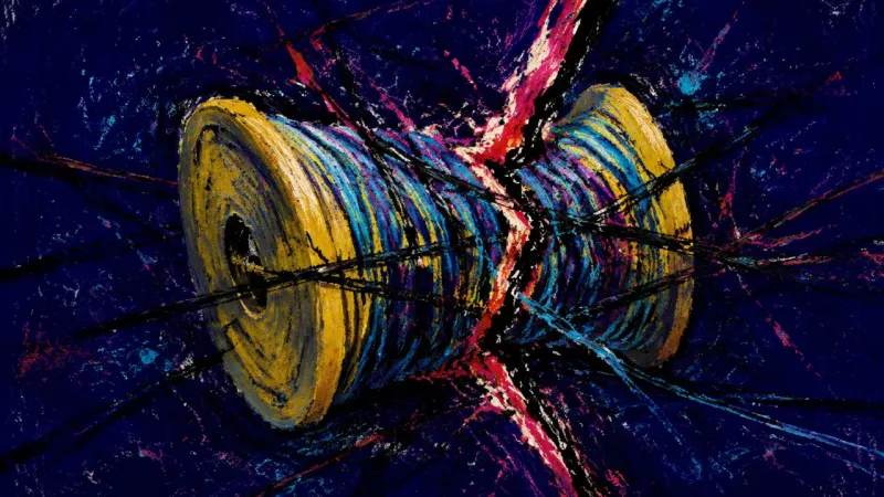 A crushed spool trapped in crossing lines, representing pressure to force certainty from an undefine