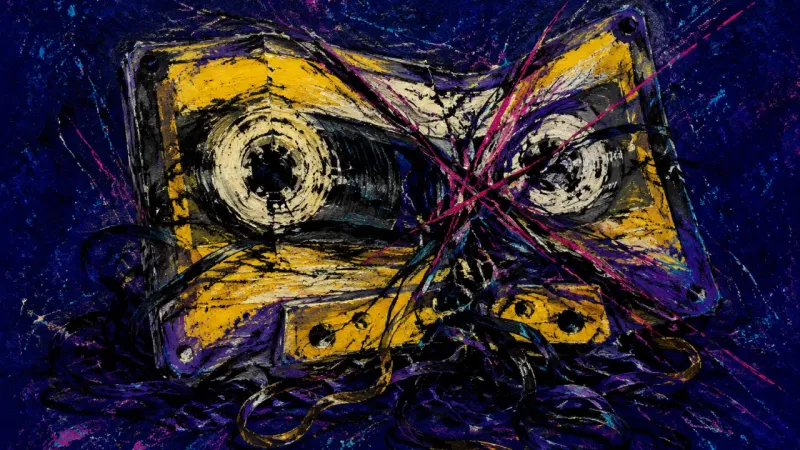 A distorted cassette tape bound by tangled lines, representing relationship timeline anxiety and the