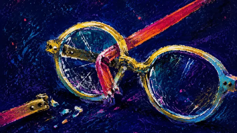 Frames Under Pressure A pair of reading glasses buckled into themselves, symbolizing the pressure to reread a conflict end