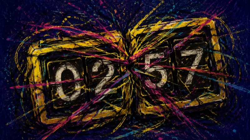 Time Under Siege A flip clock crushed into misaligned digits and tangled marks represents post-conflict urgency and