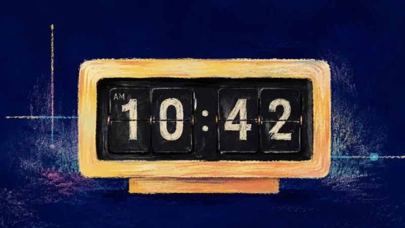 Paced Return A restored flip clock with evenly aligned digits symbolizes conflict repair through a bounded pausey