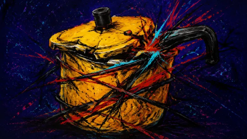 Pressure Under Seal A pressure cooker crushed by tangled lines, representing suppressed resentment and explosive anger