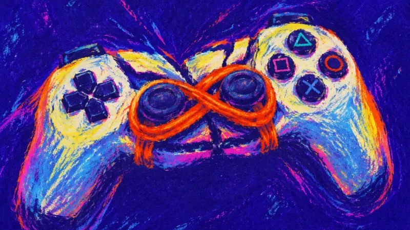 Forced Synchrony A game controller with a hair tie cinched around both thumbsticks, symbolizing pressure for a shared