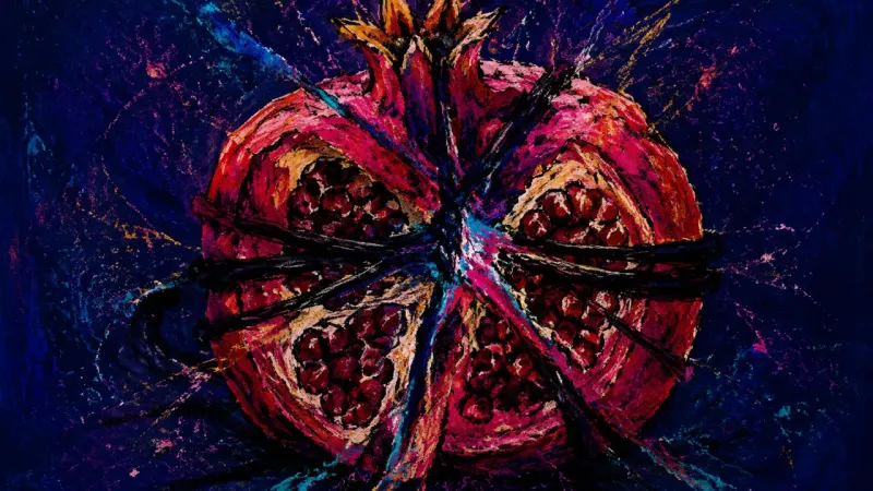 Chambers Under Pressure A crushed pomegranate bound by crossing lines, representing urgent family communication that