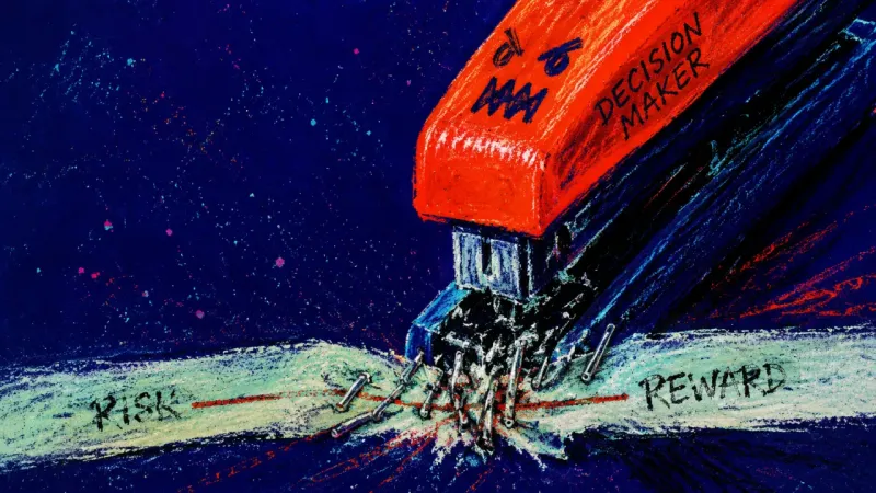 A stapler jams over a risk-comparison row after repeated use, symbolizing how overanalysis turns a �