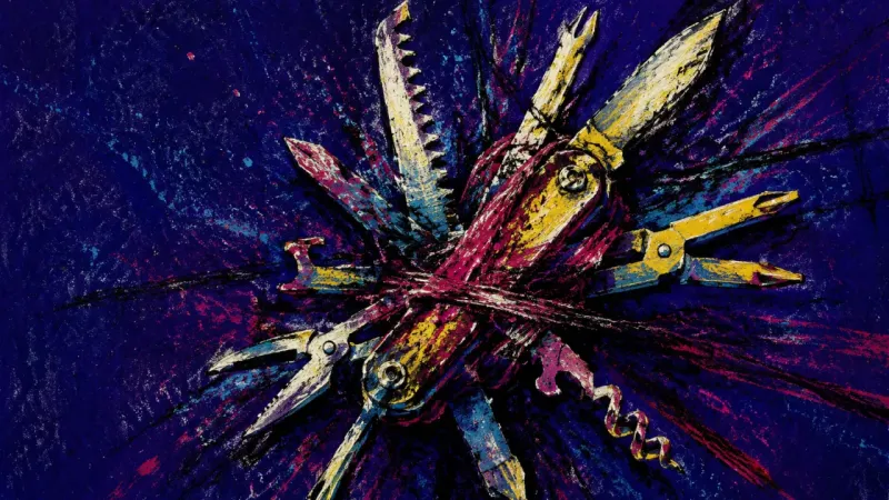 A multitool forced into a tangled, compressed form, representing overanalysis and the fear that �