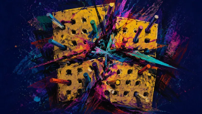 An abstract pegboard buckled by tangled lines, representing routine perfectionism, stalled action,5