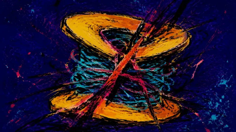 The Jammed Spool An abstract spool crushed by tangled lines, representing advice overload and the stalled move from13