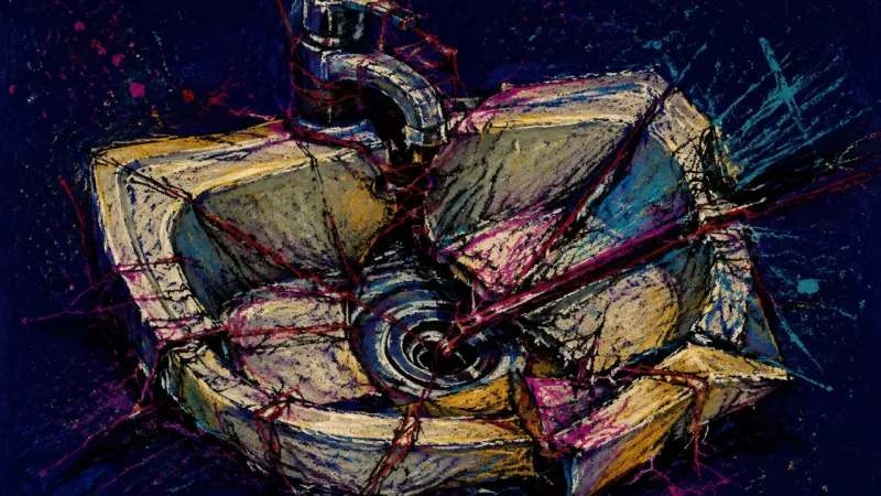 A crushed sink bound by chaotic lines, representing avoidance of chore conversations, silent