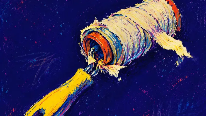 The Productive Detour A lint roller jammed by its own peeling layers on a folded shirt, symbolizing busywork that postpon፭