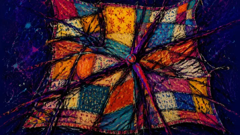 A distorted quilt trapped by tangled lines represents sentimental clutter, identity fear, and the