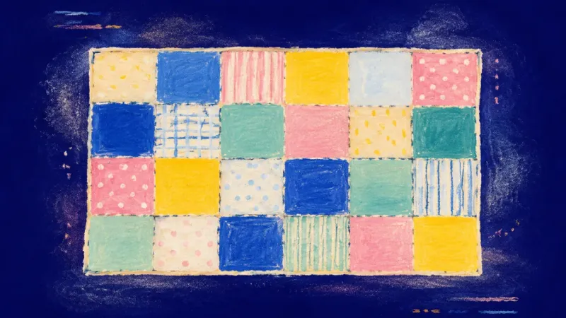 A restored quilt with selected panels in balanced order symbolizes memories retained without letting