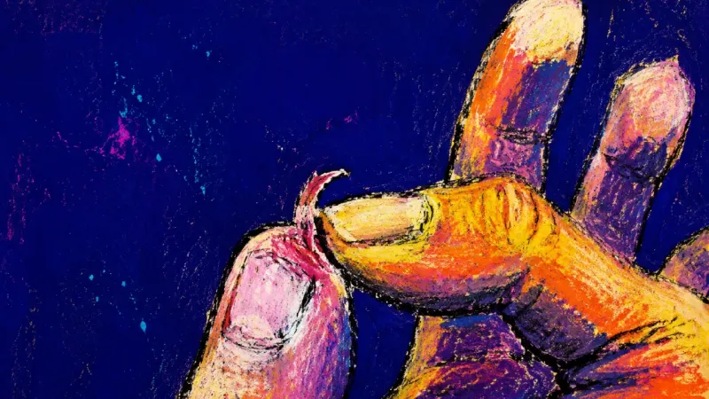 Borrowed Urgency A thumb tears at an index-finger cuticle, reflecting the guilt and urgency triggered by a new perso