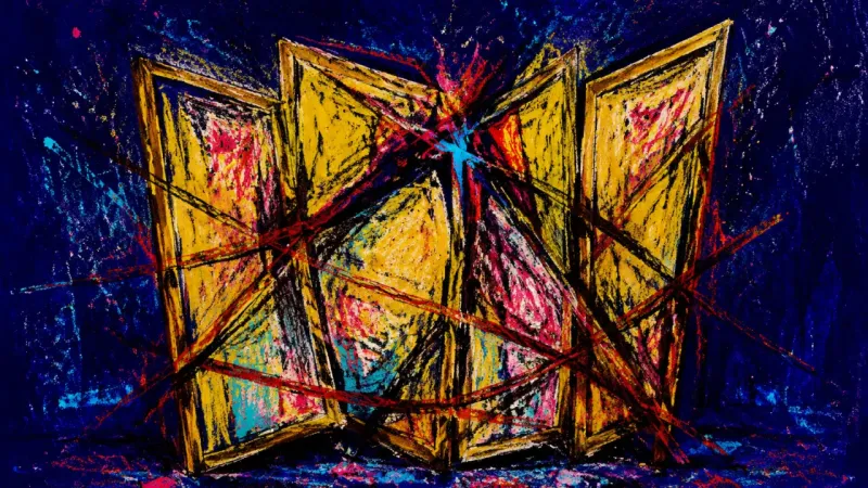 Collapsed Boundaries A room divider crushed and bound by chaotic lines, representing guilt-driven rescuing, blurred bound