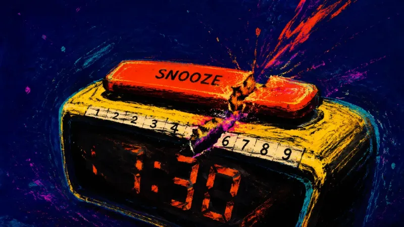 Borrowed Relief An alarm clock with a crushed snooze bar, symbolizing the repeated choice of immediate relief that‑