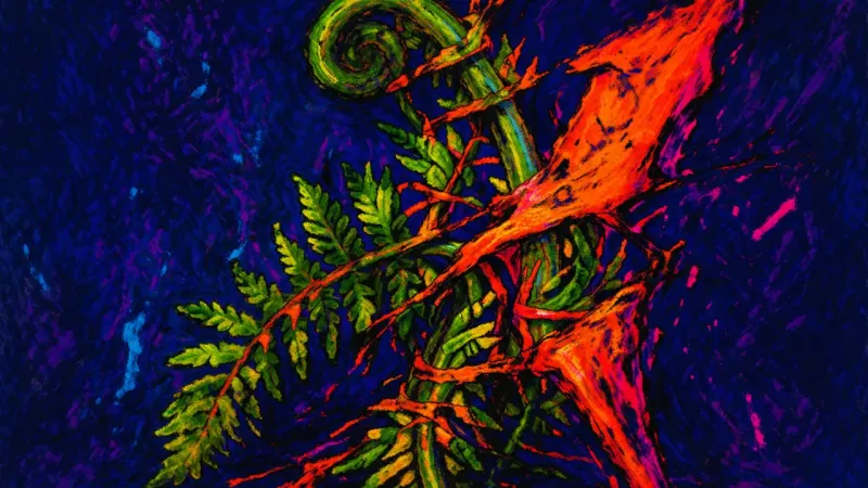 Frond Under Compression A crushed fern frond bound by chaotic lines represents avoidance, self-doubt, and the oppressive‑