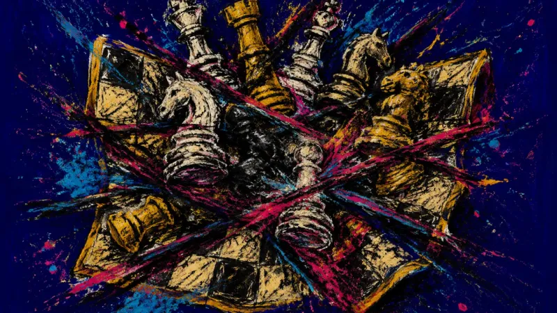A crushed chess set bound into one chaotic mass represents habit overload and the pressure to