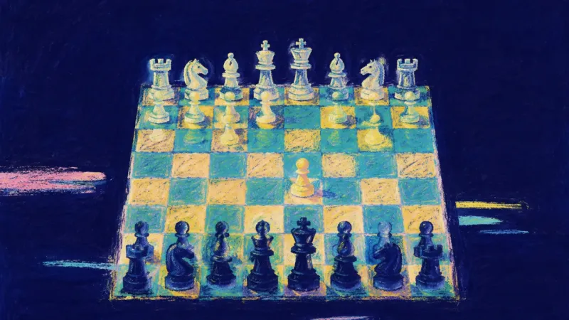 A restored chess set with distinct pieces and an ordered grid represents a sustainable routine built