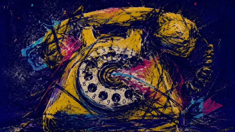 A distorted rotary phone trapped in repeated loops, representing longing, rumination, and a relatio