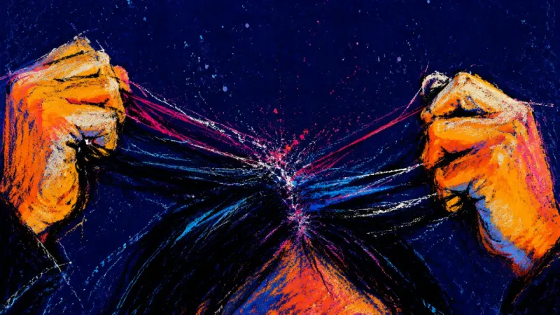Two tense hands pull one lock of hair in opposite directions, reflecting the urge to force an answer