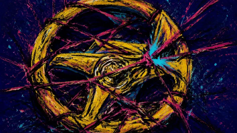A steering wheel crushed by tangled lines, representing urgency and loss of inner direction before a