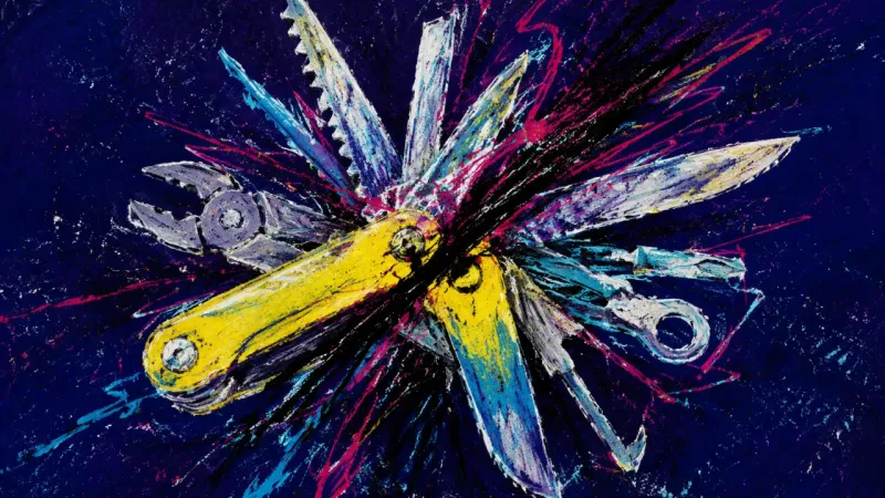 Compulsive Utility A multitool forced into chaotic overextension, representing friendship care distorted by the need to