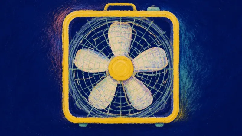 A restored box fan with an orderly frame and evenly spaced blades, representing self-trust and clear