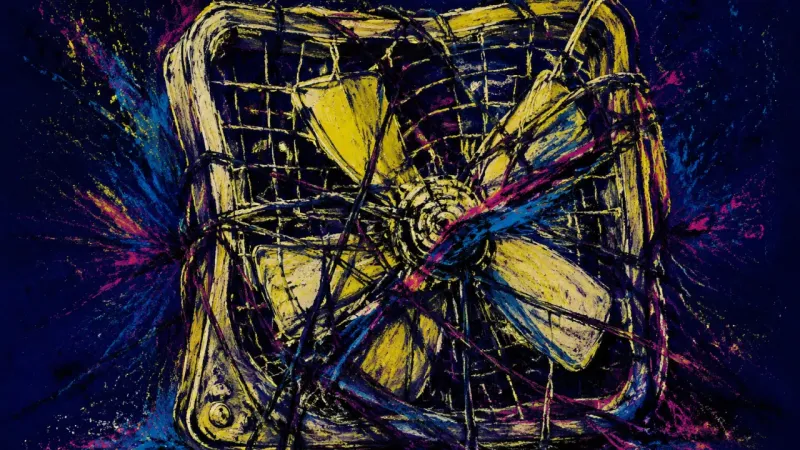Stalled Rotation A distorted box fan choked by tangled lines, representing career stagnation, selective forecasting,