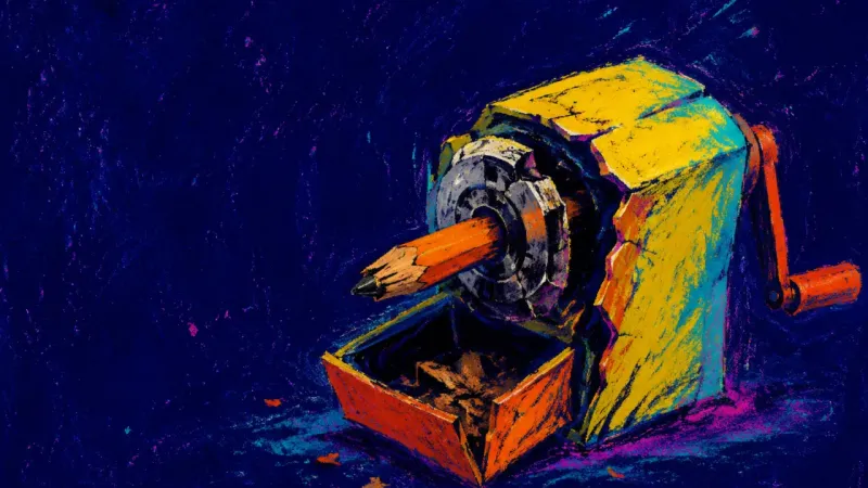 A jammed pencil sharpener grips a pencil worn to a stub, symbolizing a thesis stalled by endless re