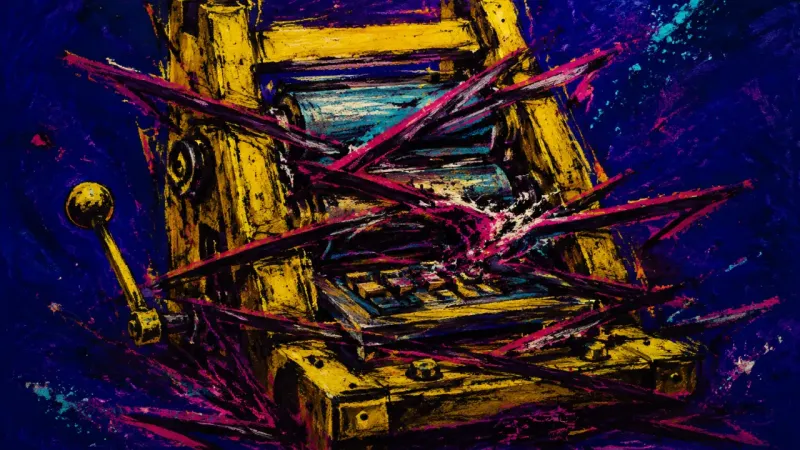 A crushed printing press tangled by harsh lines represents feedback-dependent procrastination and