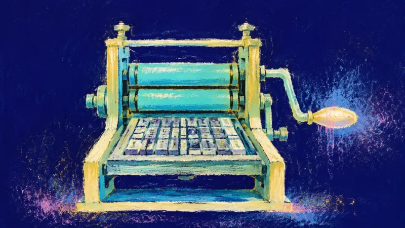 A restored printing press with orderly rollers represents a thesis moving through provisional self,