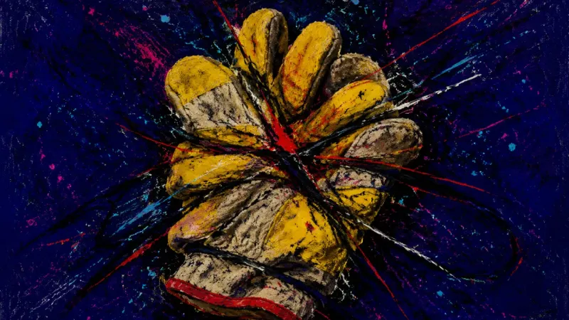 A work glove crushed into itself and bound by tangled marks, representing self-help overconsumption