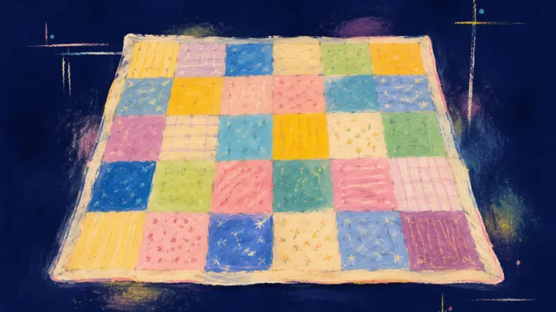 Unforced Rhythm A restored quilt with an orderly patchwork grid, representing calm permission to let enjoyment and ́