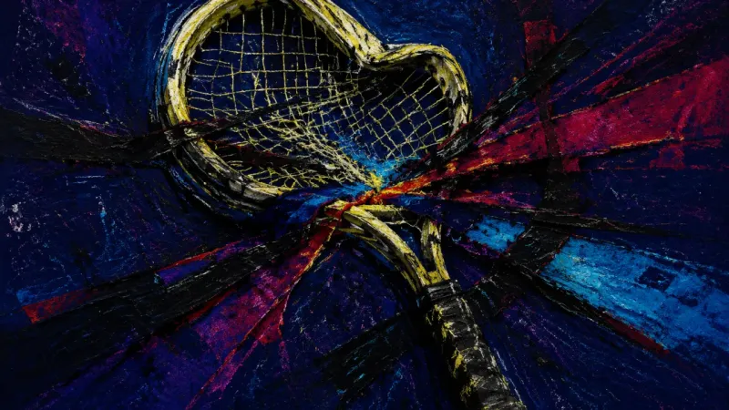 Racket Under Pressure A deformed tennis racket trapped in tangled lines, representing guilt-driven overavailability and 