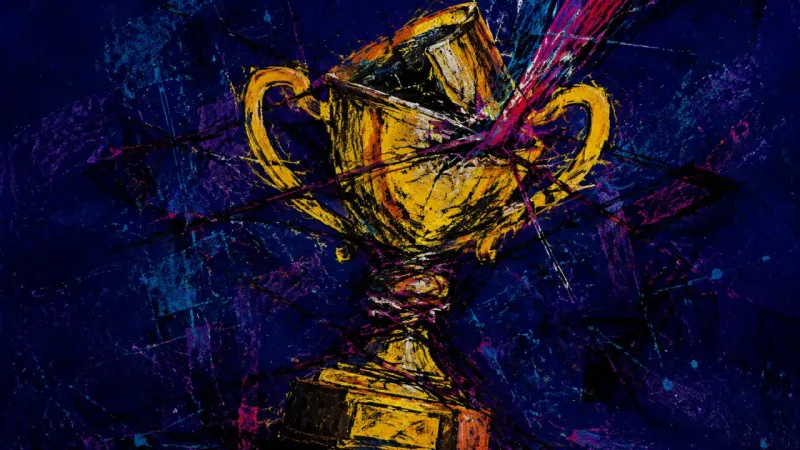 Crushed Applause A crushed trophy tangled in forceful strokes, representing conditional self-worth and pressure to2