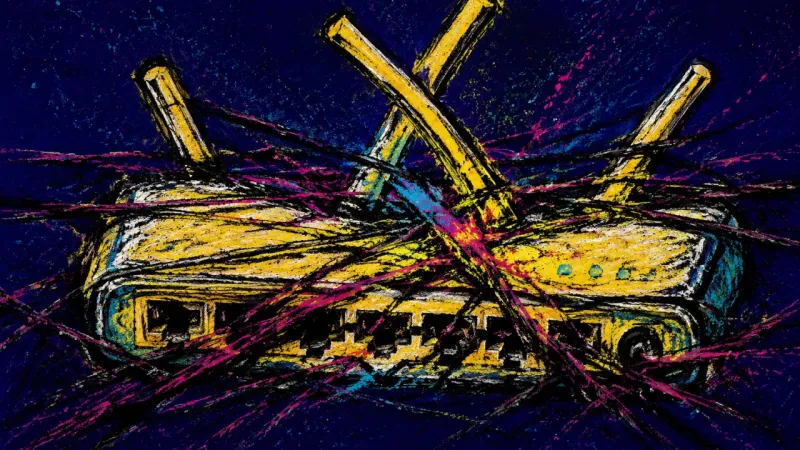 Overruled Routes A crushed Wi-Fi router bound by chaotic lines, representing code-review micromanagement and the loss