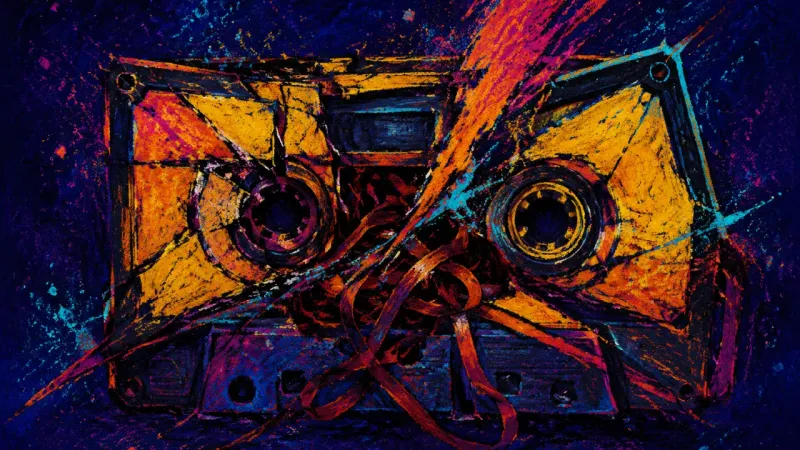 Reels Under Pressure A cassette crushed around tangled tape and misaligned reels, representing relationship anxiety,