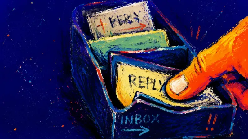 Terms Never Read A jammed inbox tray forces reply slips into a tight overlap, symbolizing rushed commitments made قبل