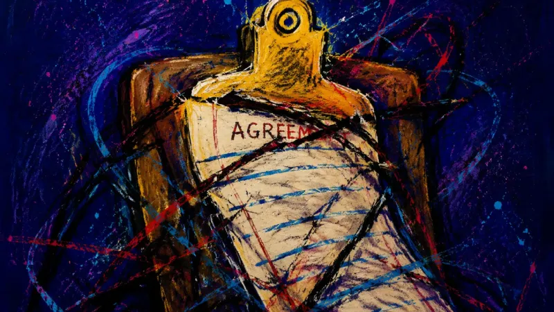 Crushed Consent A warped clipboard trapped in tangled marks, representing rushed agreement, overcommitment, and lost