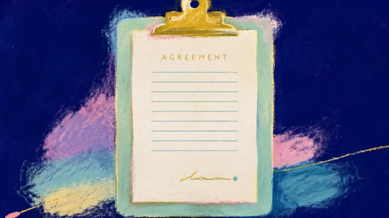 Terms in Balance A balanced clipboard holding a single agreement sheet, representing deliberate consent, clear self-<