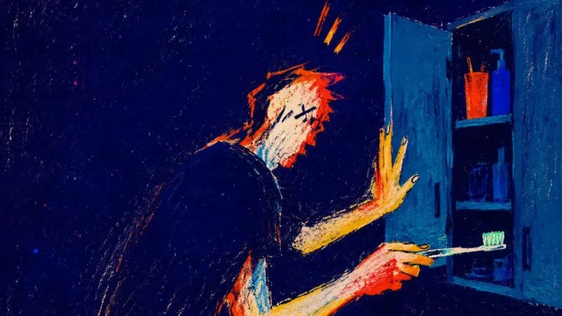 Visible Too Soon A person half-hides an extra toothbrush in a cabinet, capturing the fear that visible intimacy might