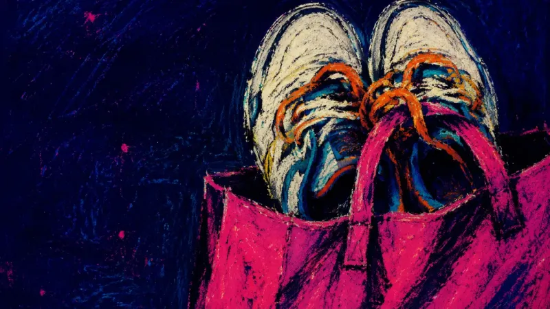 The Uncarried Self Gym shoes shoved deep into a tote bag, symbolizing the strain of paying for a fitness identity that,
