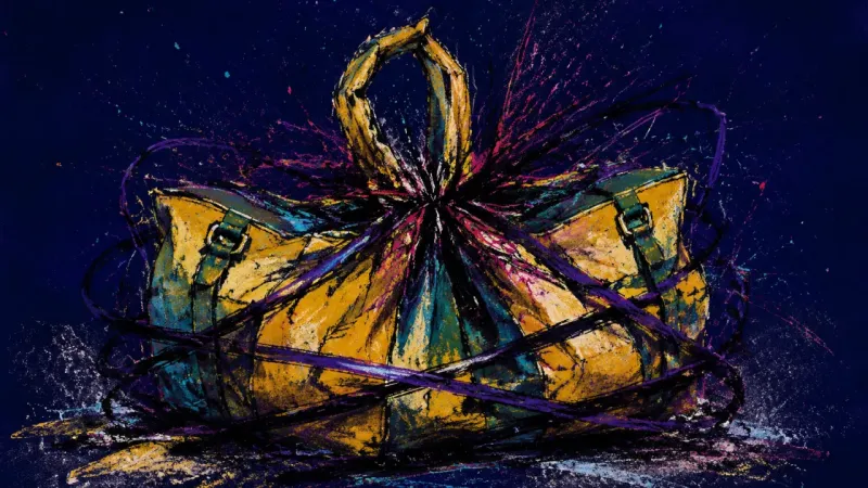 Crushed Carry A duffel bag crushed and tangled into a tight form, representing shame, overthinking, and the burden