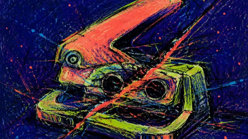 Jammed Certainty A deformed hole punch trapped in crossing lines, representing anxious pressure to finalize major